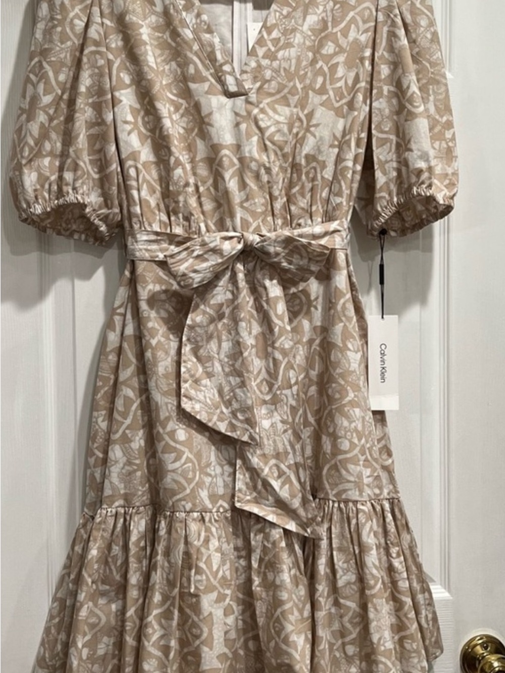 Calvin Klein Neutral Printed Tie-Waist Midi Dress